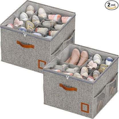 Shoe Organizer for Closet, 2 Pack Foldable Shoe Storage Organizer Box with Adjustable Dividers and Clear Cover, Space Saving Shoe Box with Reinforced Handles, Fits 16-32 Pairs, Gray