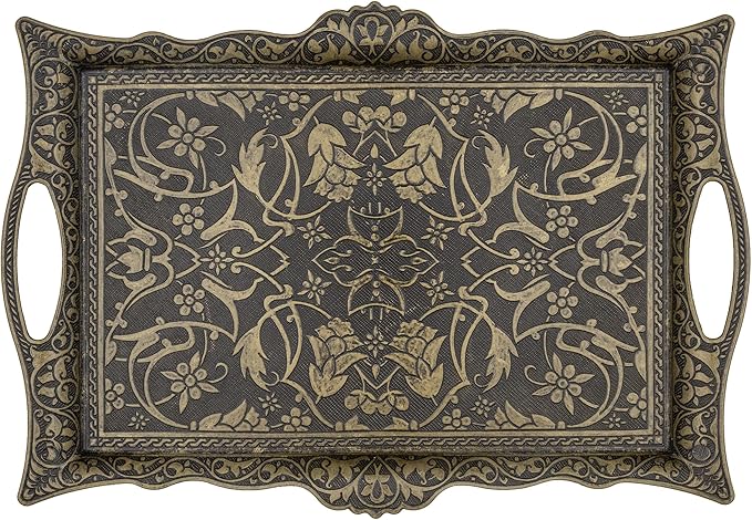 Alisveristime Ottoman Turkish Zamak Serving Tray with Traditional Motifs, Ideal for Coffee and Tea - Six Person Tray (14.5 x 9.85 in) (Antique Green)