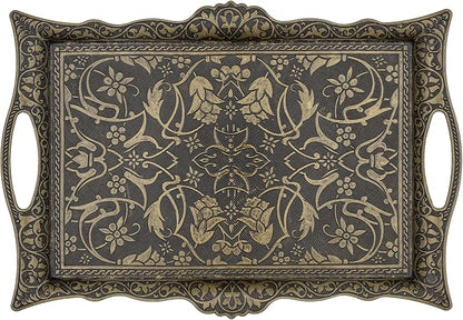 Alisveristime Ottoman Turkish Zamak Serving Tray with Traditional Motifs, Ideal for Coffee and Tea - Six Person Tray (14.5 x 9.85 in) (Antique Green)