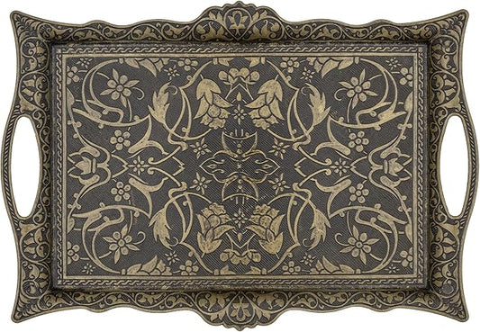 Alisveristime Ottoman Turkish Zamak Serving Tray with Traditional Motifs, Ideal for Coffee and Tea - Six Person Tray (14.5 x 9.85 in) (Antique Green)