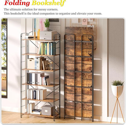 UDD Folding Bookshelf No Assembly, 65"H x 23.7"W, 6 Shelf Foldable Bookcase Industrial Collapsible Bookshelves, Open Storage Book Shelves for Small Spaces Home Office Living Room, Rustic Brown Black