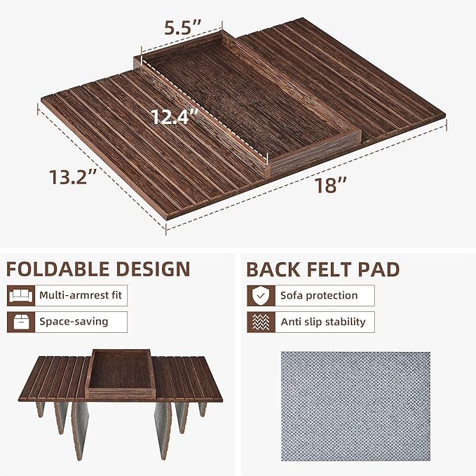 Couch Arm Tray, Anti-Falling Bamboo Sofa Armrest Tray Table, Foldable & Portable Armrest Tray Cup Holder Side Table for Drinks, Coffee, Phone, Snacks, Remote