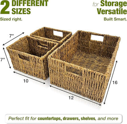 Wicker Basket Set – Stackable Storage Bins for Organizing Pantry & Kitchen – 1 Large Basket + 2 Small Baskets with Handle – Wicker Storage Baskets for Shelves & More
