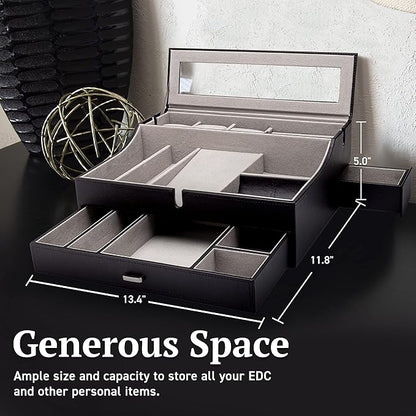 Mens Valet Box Organizer, Large Leather Valet Tray for Men, Mens Valet Tray Organizer with Charging Station, Mens Jewelry Box Organizer for EDC Valet Mens Accessories, Nightstand Bedside Dresser Top