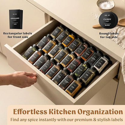 Glass Spice Jars with Labels (24 x 4oz) Spice Containers with 240 Labels, Shaker Inserts, Funnel, Empty Square Empty Square Seasoning Organizer (Black Lids)