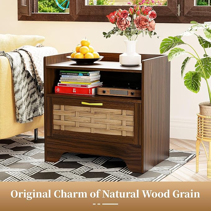 HOCAT 24" Rattan Nightstand with Storage Drawer, Walnut Bedside Table with Semi Open Cubby, Boho Night Stand with Farmhouse Arched Base for Bedroom, Side Table, End Table for Dorm