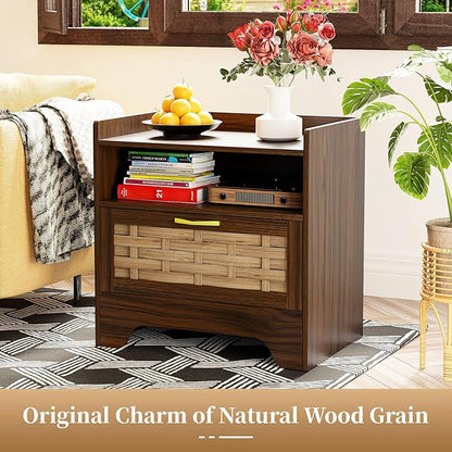 HOCAT 24" Rattan Nightstand with Storage Drawer, Walnut Bedside Table with Semi Open Cubby, Boho Night Stand with Farmhouse Arched Base for Bedroom, Side Table, End Table for Dorm
