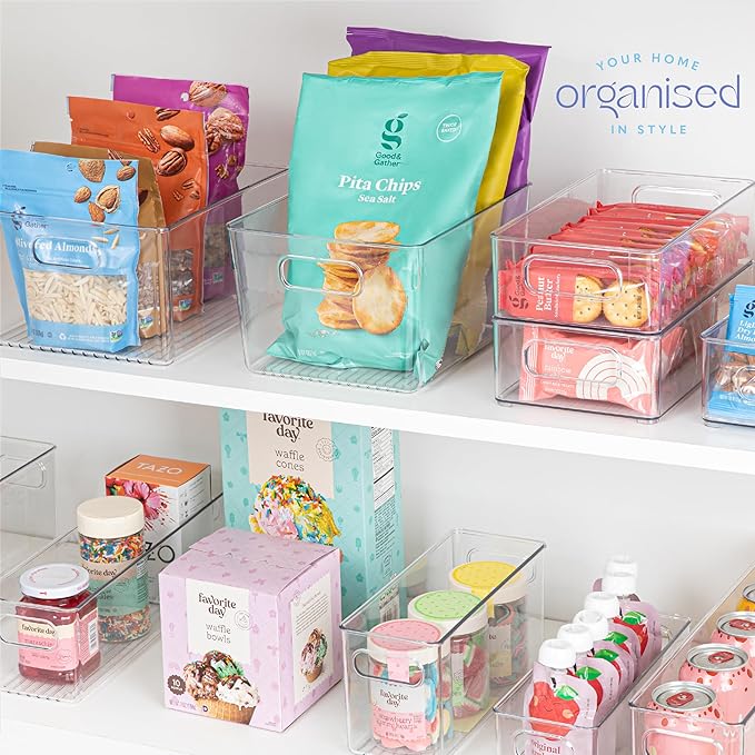 primebox Plastic Food Storage Clear Container Bin with Handles for Organizing Kitchen, Pantry, Refrigerator, Freezer, Pantry, Cabinet, Closet, Bathroom. 10”x4”x5”