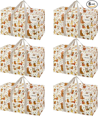 VENO 6 Pack Moving Bags and Large Christmas Storage Bins with lids. Alternative to Moving Boxes, Packing Supplies for College. Extra Large Heavy Duty Totes for Packaging (Holiday Pups, 6 Pack)