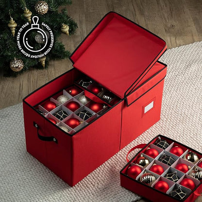 ZOBER Christmas Ornament Storage Box - Stores 128 3" Ornaments with Individual Trays - Tear Proof 600D Oxford Fabric - ornament organizer storage box, Durable Christmas Containers Holder - Red