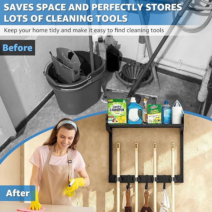 Heavy Duty Broom Holder Wall Mount with Grid Shelf, 4 Adjustable Hooks | All-in-One Cleaning Supplies Organizer for Laundry Room, Garage, Kitchen Storage