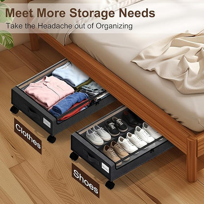 VXEAPADE Under Bed Storage with Wheels - 2Pack Underbed Storage Containers with Clear Lid & Label, Under The Bed Rolling Storage Bins for Shoes, Clothes, Blankets, Books (Black, Large)