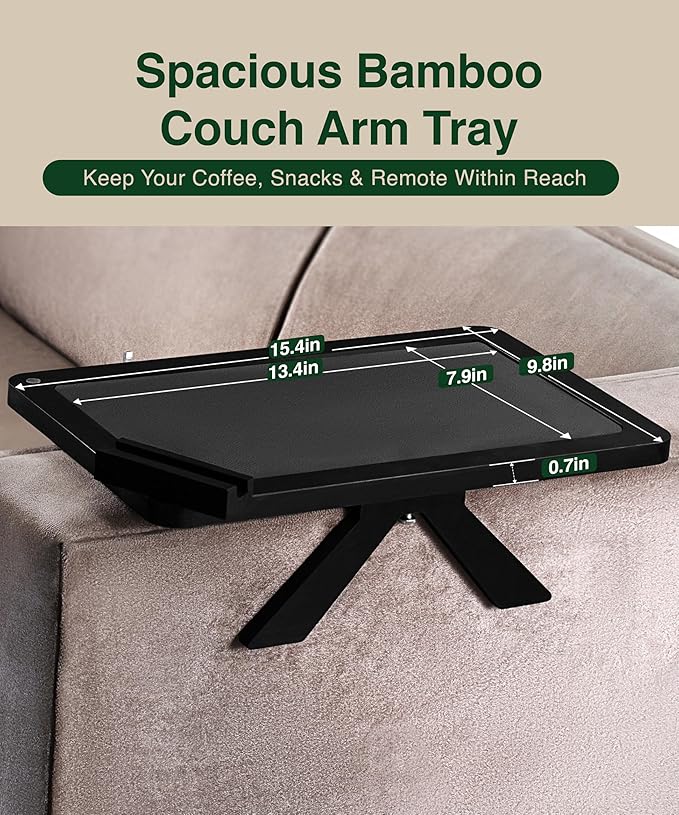 Black Bamboo Couch Armrest Table – Fits Sofa Arms up to 8.8" Wide, 2-in-1 Adjustable Couch Arm Tray with 360° Rotating Phone Holder, Wire Holder & Non-Slip Mat – Sofa Tray for Snacks & Drinks