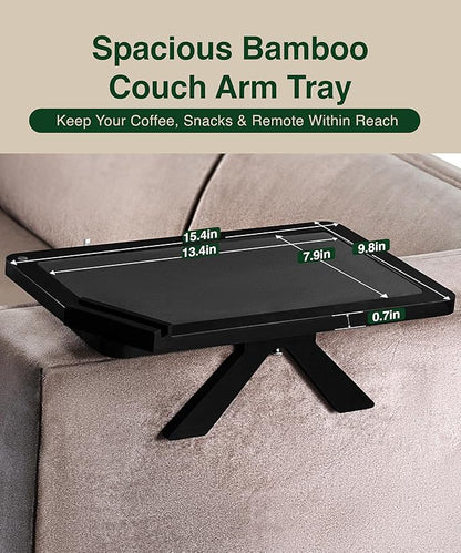 Black Bamboo Couch Armrest Table – Fits Sofa Arms up to 8.8" Wide, 2-in-1 Adjustable Couch Arm Tray with 360° Rotating Phone Holder, Wire Holder & Non-Slip Mat – Sofa Tray for Snacks & Drinks