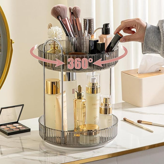 YCIA&DONE Rotating Makeup Organizer for Vanity, Large Capacity Make Up Storage Skin care Shelf Perfume Holders Cosmetic Dresser Organizer Countertop Spinning 360 (Smoky Gray, 2Tiers)