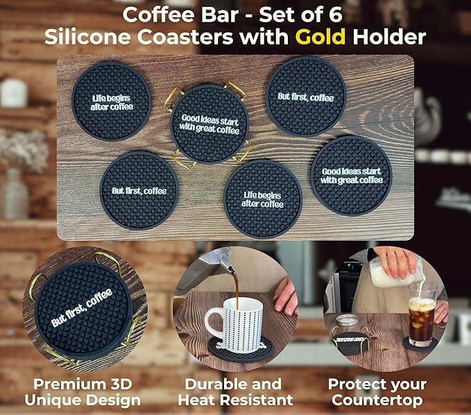 Coffee Coasters Set of 6 for Bar Decor and Bar Accessories, But First Coffee Decor Funny Silicone Coasters with Gold Holder, Coaster 6 Pack, Tiki Bar Drink Coaster for Outdoor Decorations