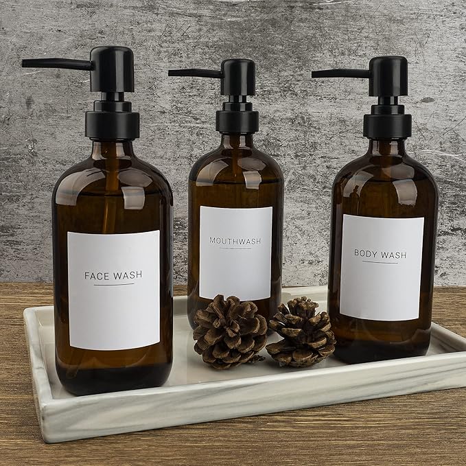 Ezebesta Set of 3 Amber Glass 16.9oz Soap Dispensers with 22 White Labels Bathroom Liquid Bottle Container with Black Pump