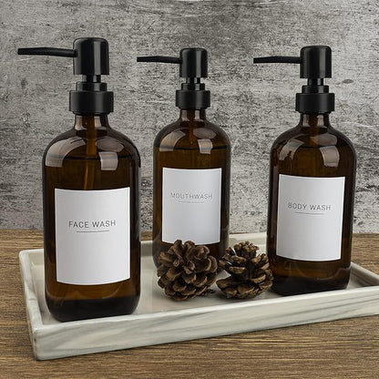 Ezebesta Set of 3 Amber Glass 16.9oz Soap Dispensers with 22 White Labels Bathroom Liquid Bottle Container with Black Pump