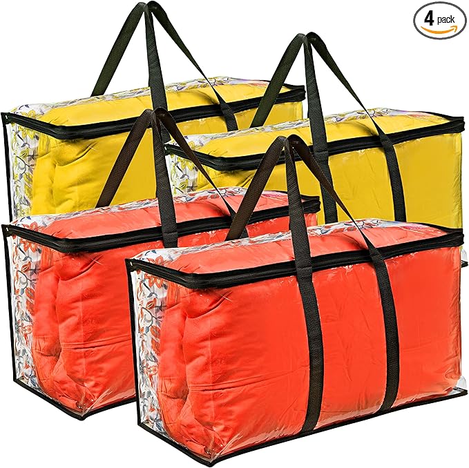 VitalUp 4 Pack Clear Large Moving Bags, Heavy Duty Storage Bags, College Totes, Storage Bins, for Organizing Blankets, Clothing for College, Dorm, Packing, Durable with Zipper and Handle 25x14x12