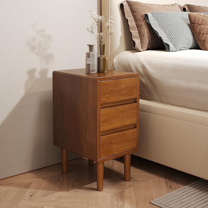 Nightstand with 3 Drawers Narrow Night Stand Solid Wood Bedside Table Mid Century Modern Nightstand Wooden End Table for Bedroom, Living Room, Study, Office