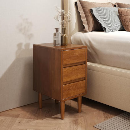 Nightstand with 3 Drawers Narrow Night Stand Solid Wood Bedside Table Mid Century Modern Nightstand Wooden End Table for Bedroom, Living Room, Study, Office