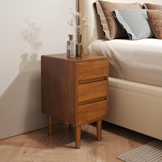 Nightstand with 3 Drawers Narrow Night Stand Solid Wood Bedside Table Mid Century Modern Nightstand Wooden End Table for Bedroom, Living Room, Study, Office