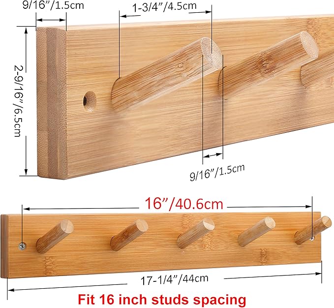 WEBI Coat Rack Wall Mounted,16" Hole to Hole,Coat Hanger Wall Mount with 5 Hooks for Hanging Coats,Hook Rack Peg Rail for Hats,Jacket,Clothes,Towels,Natural