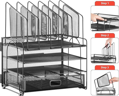 Marbrasse Desk organizer with Drawer, 4-Tier Mesh File Organizer with 5 Vertical File Holders and 2 Pen Holders, Multifunction Desktop Organizer,Desk Organizers and Accessories for Home Office