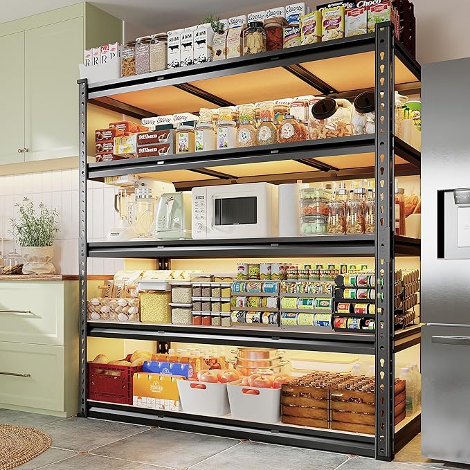 REIBII 48" W Garage Shelving 3020LBS Storage Shelves 5 Tier Industrial Shelving Adjustable Metal Storage Shelves for Garage, Basement, Warehouse, Commercial, Easy Assemble, 48" W x 72" H x 24" D