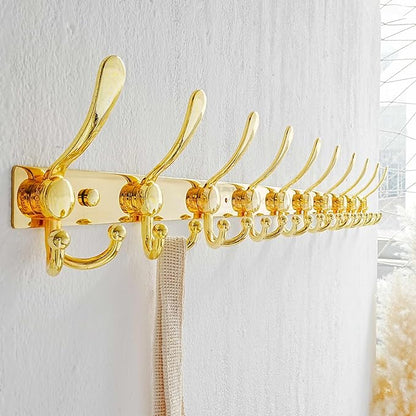 Dseap MaxStrong 2.0 Coat Rack Wall - 37” Long 10 Tri Hooks - Ultra Heavy-Duty Stainless Steel Wall Mount Coat Hanger, Hook Rail for Clothes Hats Jacket Towels Gold