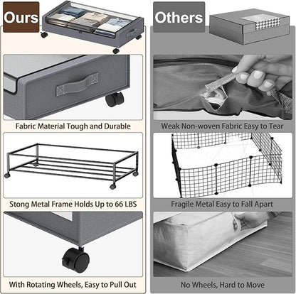 VXEAPADE Under Bed Storage with Wheels - 2Pack Underbed Storage Containers with Clear Lid & Label, Under The Bed Rolling Storage Bins for Shoes, Clothes, Blankets, Books (Grey, Large)