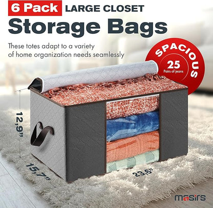 Masirs Storage Bags For Clothes - 6-Pack Collapsible Organizers for Blankets, Bedding & Clothes - Large 90L Zip Bags with Handles - Clear Durable Containers for Closet Organization (Grey)