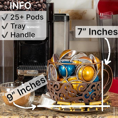 Made Easy Kit Coffee Pod Organizer Compatible with Nespresso Vertuo and Original - Countertop Sculpture Holder Basket Style for Café Bar, Corner Station Office Break Area (Cup & Tray)