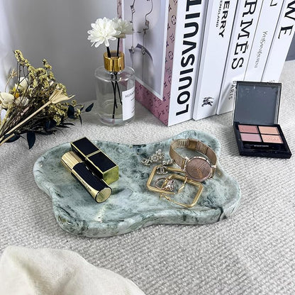 WneFu Choiziic Natural Decorative Tray, Cloud Shape, 9.8x6.1x0.62 Inches, Modern Style, Polished Finish, Bathroom Kitchen Counter Vanity Organizer with Anti-Slip Mad (Green-Marble-P)
