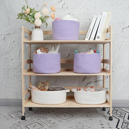 Small round Storage Basket - 3-Pack Round Cube Bins (10x10x7'') for Shelves, Closets & Bookcases | Durable Rope Organizers for Nursery, Baby, Toys, Easter & More (purple)