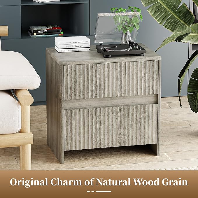 HOCAT Fluted Nightstand, 23" Wood Bedside Table with 2 Storage Drawers, Modern Night Stand for Bedroom, Office, Grey
