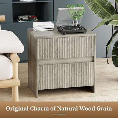 HOCAT Fluted Nightstand, 23" Wood Bedside Table with 2 Storage Drawers, Modern Night Stand for Bedroom, Office, Grey