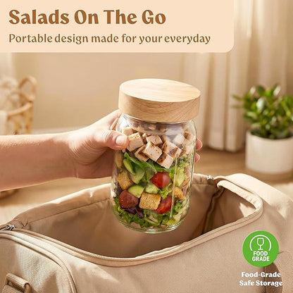 4 Pack Glass Salad Jars Pod with Wooden Lids for Meal Prep, Leakproof Container with Two Small Built in Cups for Wet/Dry Separation for Salad Dressing and Ingredients, 32oz Mason Jars