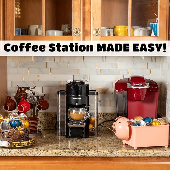 Made Easy Kit Coffee Pod Organizer Compatible with Nespresso Vertuo and Original - Countertop Sculpture Holder Basket Style for Café Bar, Corner Station Office Break Area (Pig Square)