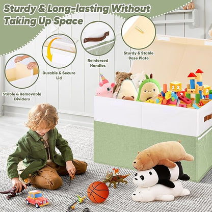 Large Toy Storage Box, Collapsible Sturdy Toys Storage Chest With Mesh, 25x13x16 Kids Toy Storage Organizer, Extra Large Toy Chest Box Bin Basket for Kids, Boys, Girls, Nursery(Green and White)