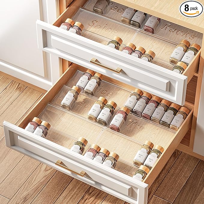 PanPanPal 8 Packs Spice Drawer Organizer, 2-Tier Acrylic Drawer Seasoning Organizer, Expandable From 11'' to 22'' Kitchen Spice Rack Organizers and Storage for Drawer (Jars not included), Clear