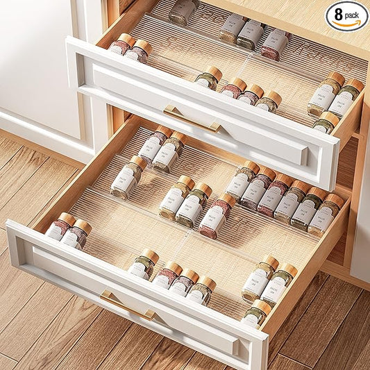 PanPanPal 8 Packs Spice Drawer Organizer, 2-Tier Acrylic Drawer Seasoning Organizer, Expandable From 11'' to 22'' Kitchen Spice Rack Organizers and Storage for Drawer (Jars not included), Clear