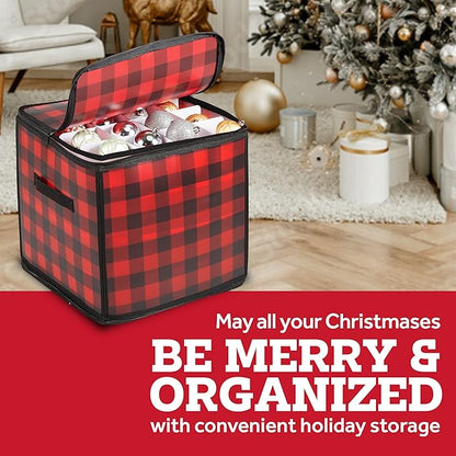 ZOBER Christmas Ornament Storage Box Plastic - Stores 64 3" Ornaments with Individual Trays - Ornament Organizer Storage Box, Durable Christmas Containers Holder - Plaid