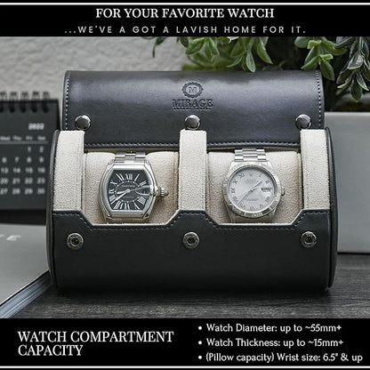 2 Watch Roll Travel Case for Men - Double Watch Case - Slate Grey/Ivory White Vegan Leather