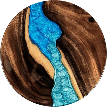 Handmade 16" Wood and Epoxy Resin Lazy Susan, Turntable for Kitchen Countertop, Rotating Display Stand, Round Wooden Platter, Organizer and Storage for Dining Table, Home Decor (River Blue)