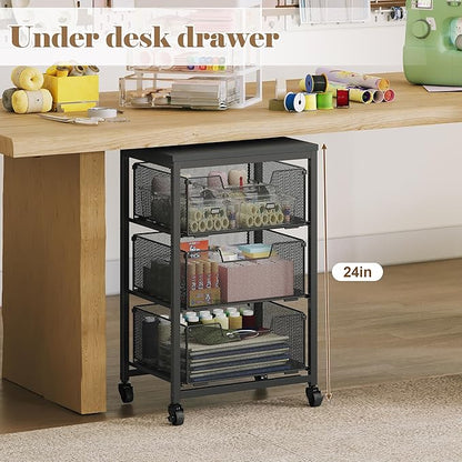 Under Desk Storage Cart with Lockable Wheels, 3-Drawer Rolling Storage Cart, Metal Utility Cart with Drawers for Art Cart, Craft Cart, Classroom, Office, Kitchen, Bedroom