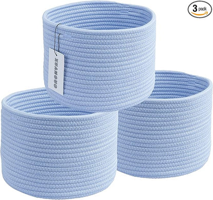Woven Cotton Storage Baskets - 3-Pack Round Bins (10x10x7'') for Shelves, Closets & Bookcases | Durable Rope Organizers for Nursery, Baby, Toys, Easter & More (blue)