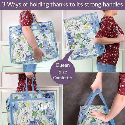Clear Vinyl Zippered Storage Bags (3-Pack) 40L Sturdy Storage Bags for Sweaters, Blankets, Comforters, Bedding Sets and Much More! (Light Blue, 18x15x9)