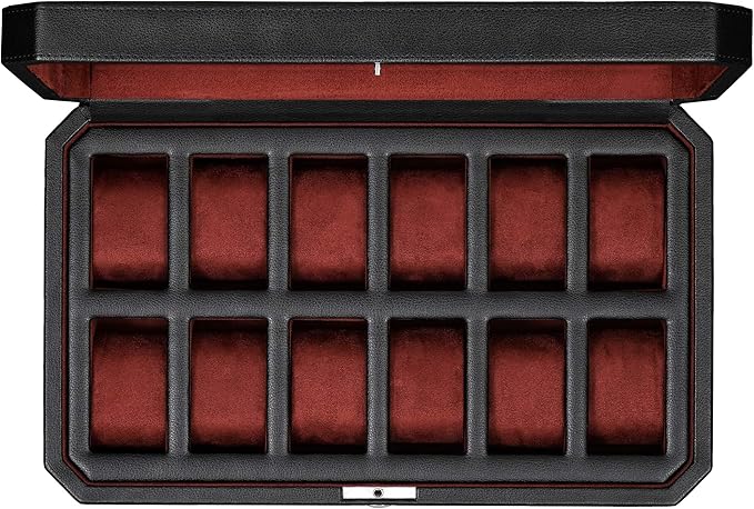 ROTHWELL 12 Slot Leather Watch Box for Men - Luxury Case Display Jewelry Organizer with Microsuede Liner - Travel Jewelry Case for Mens Accessories, Travel Organizer (Black & Red)