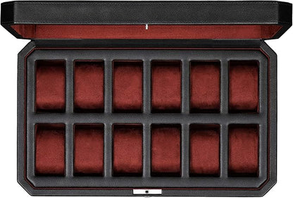 ROTHWELL 12 Slot Leather Watch Box for Men - Luxury Case Display Jewelry Organizer with Microsuede Liner - Travel Jewelry Case for Mens Accessories, Travel Organizer (Black & Red)